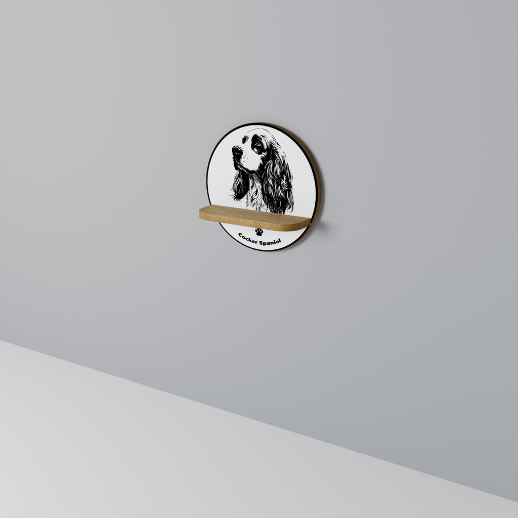 Rundes Kunstregal mit englischem Cocker-Spaniel-Motiv, in Eichenoptik