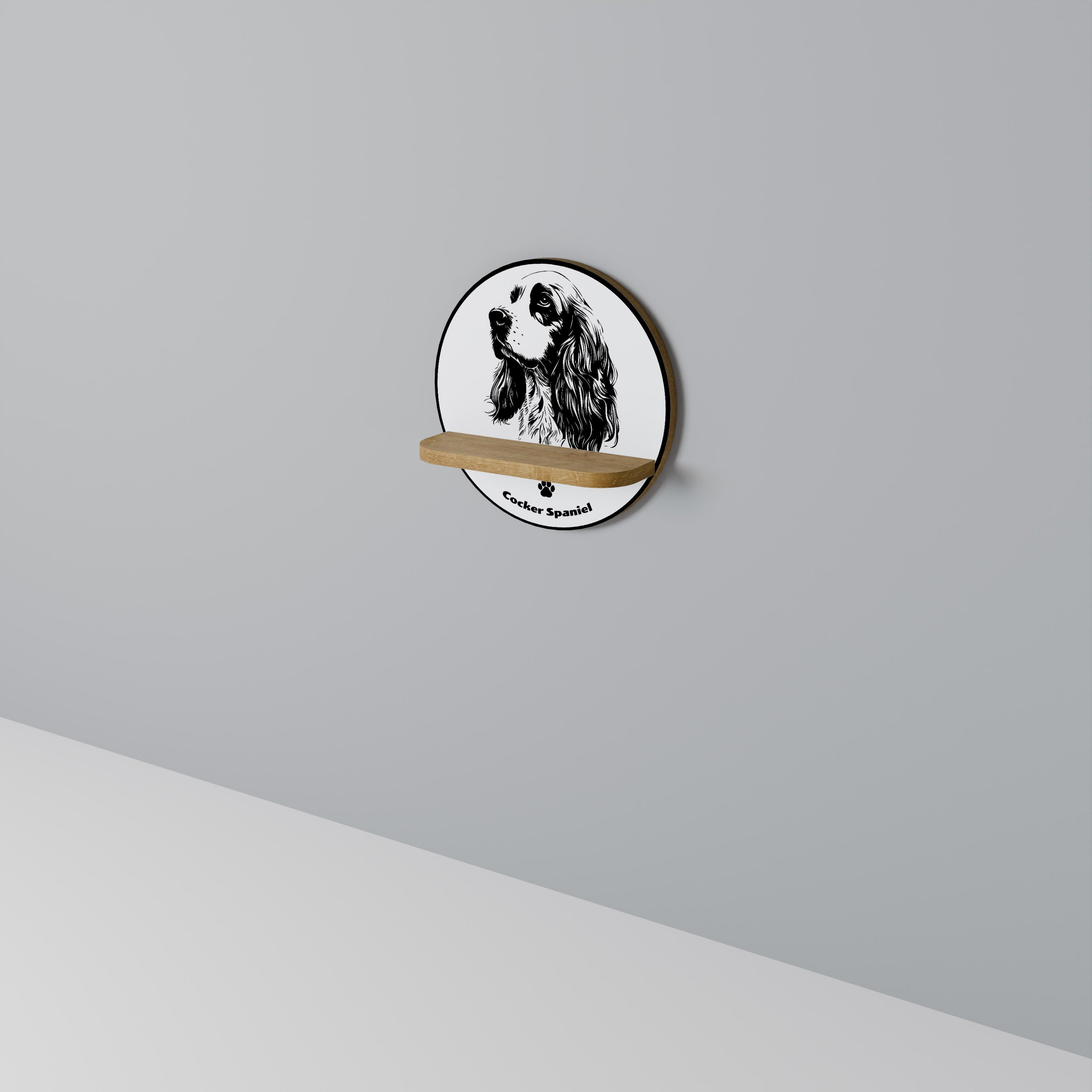 Rundes Kunstregal mit englischem Cocker-Spaniel-Motiv, in Eichenoptik