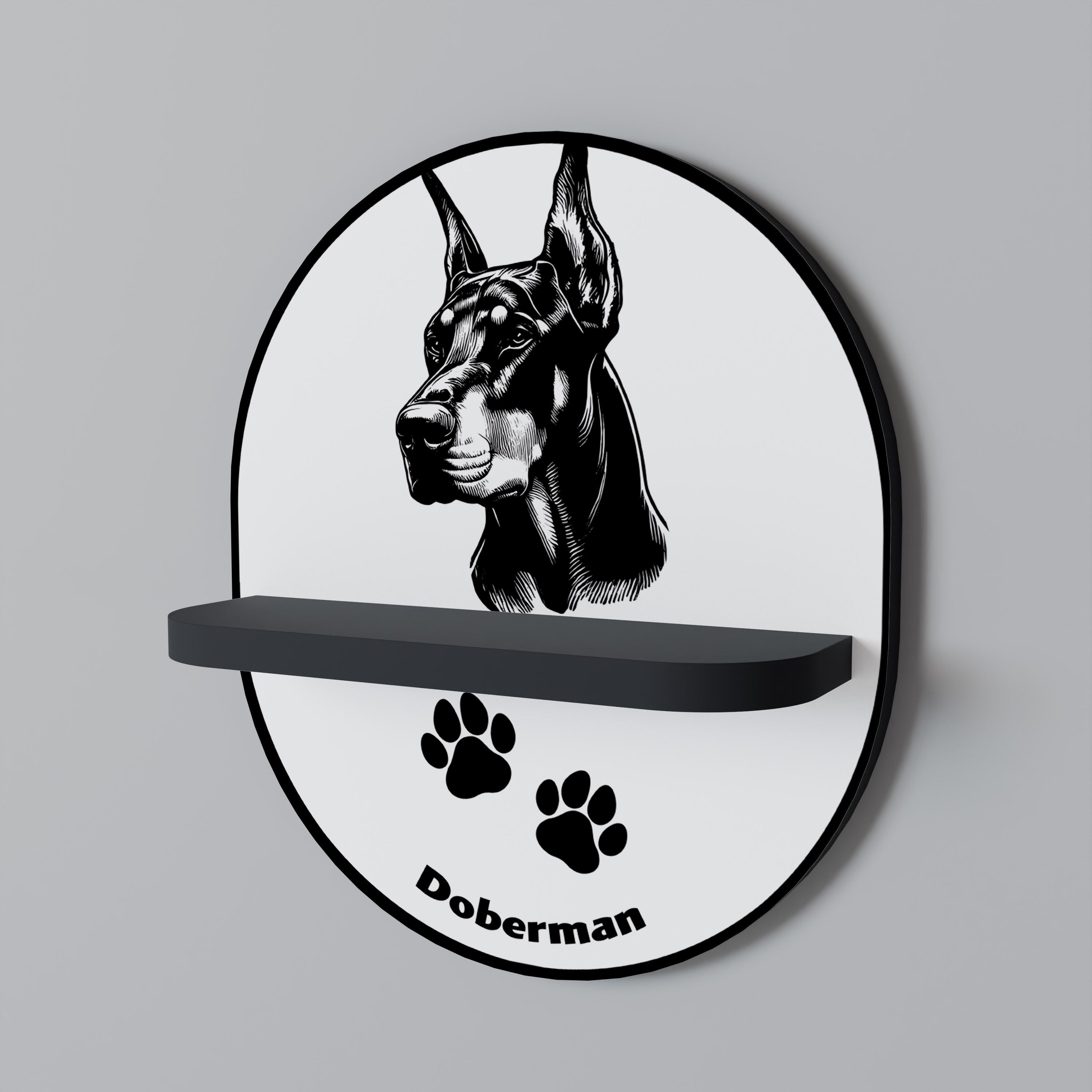 Ovales Kunstregal mit Dobermann-Motiv, in Schwarz