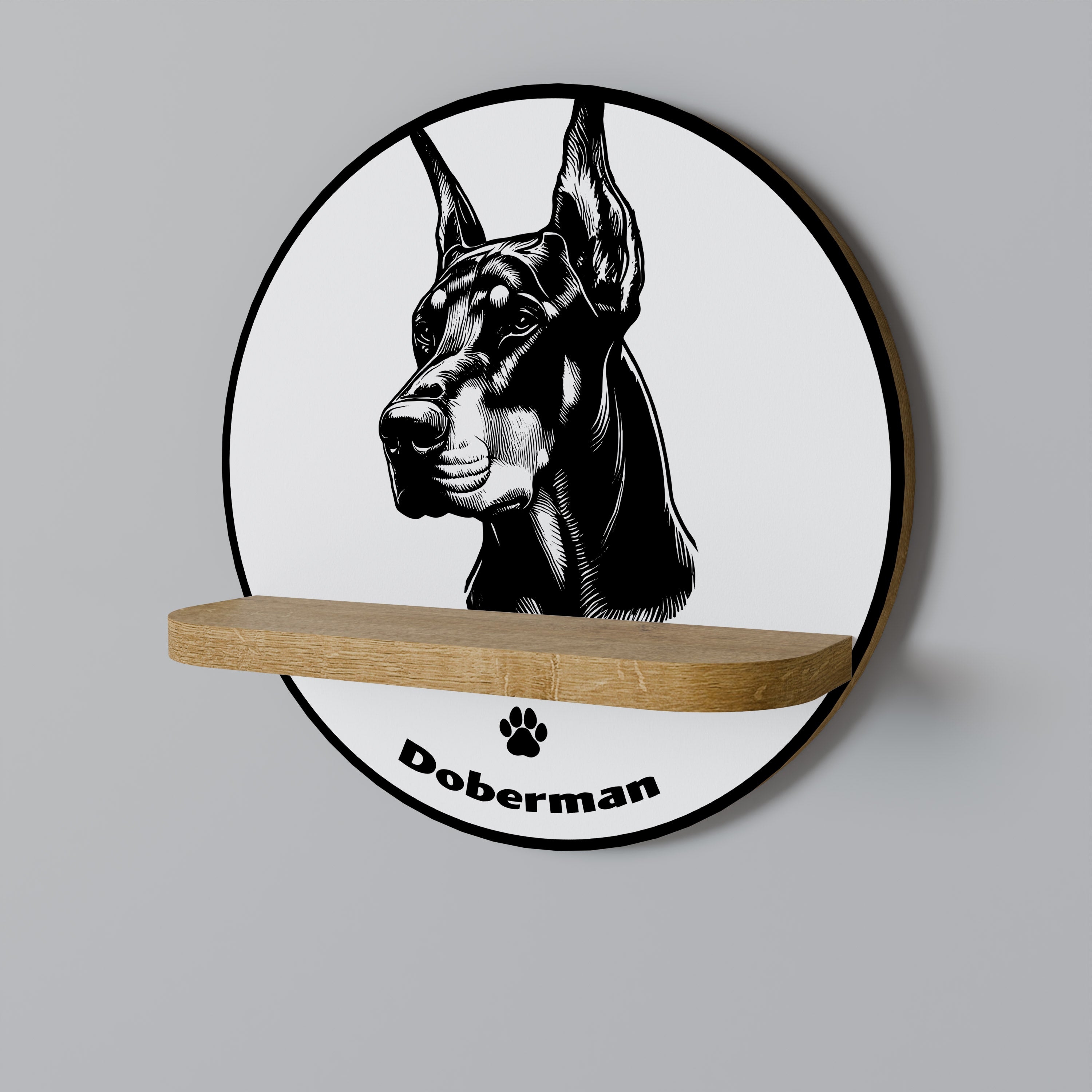 DOBERMANN-HUND, rund, Kunstregal in Eichenoptik