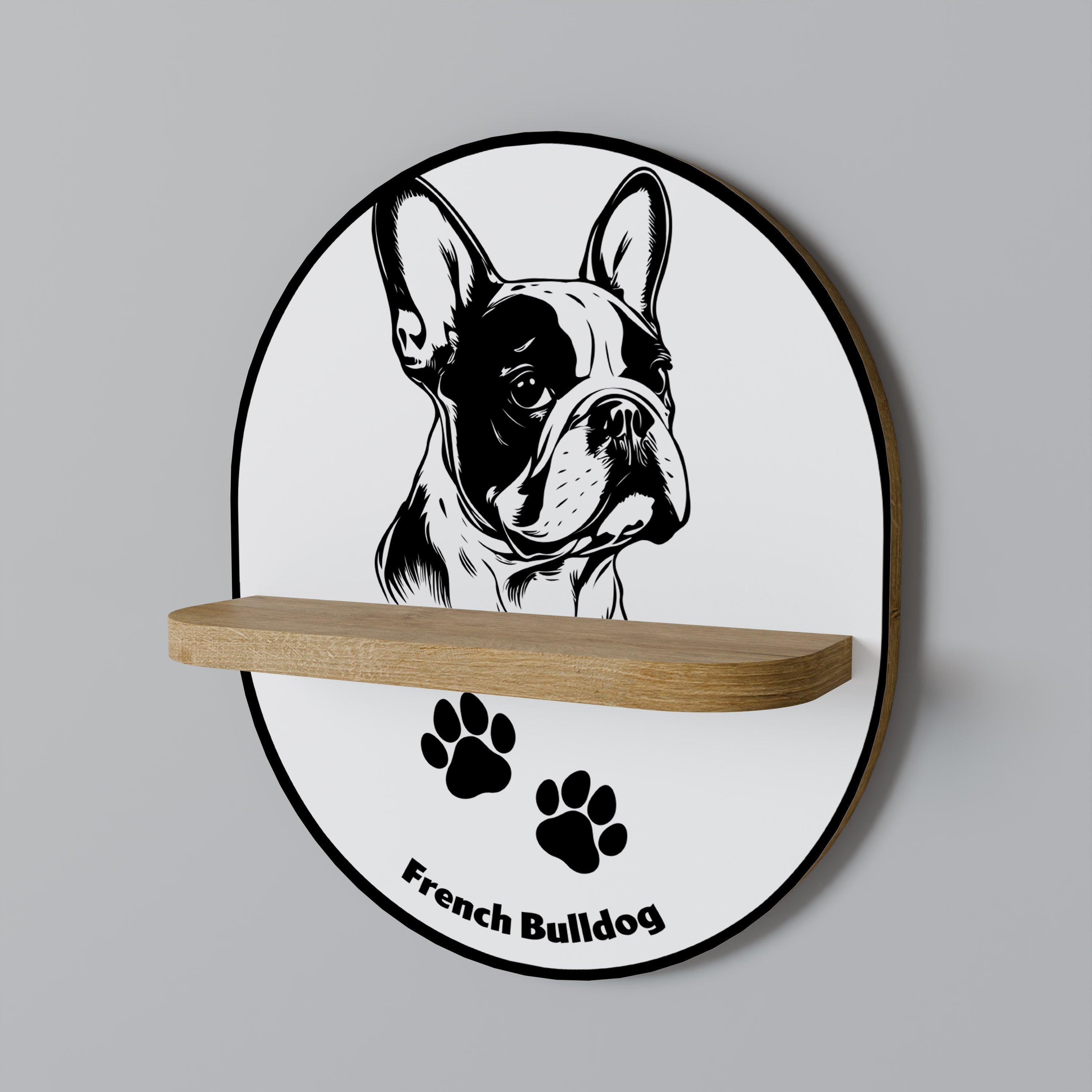 Französische Bulldogge, ovales Kunstregal in Eichenoptik