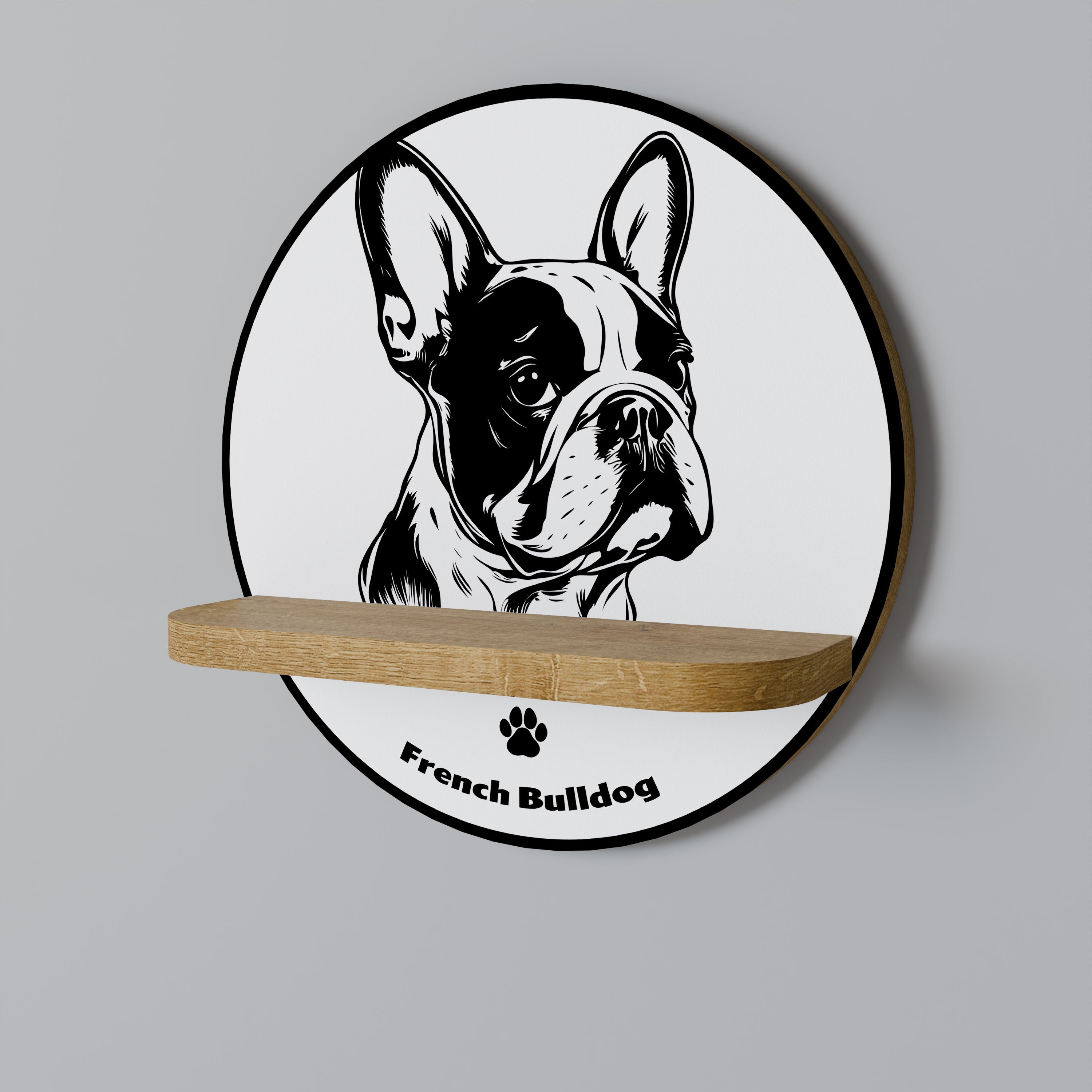 Rundes Kunstregal „Französische Bulldogge“ in Eichenoptik