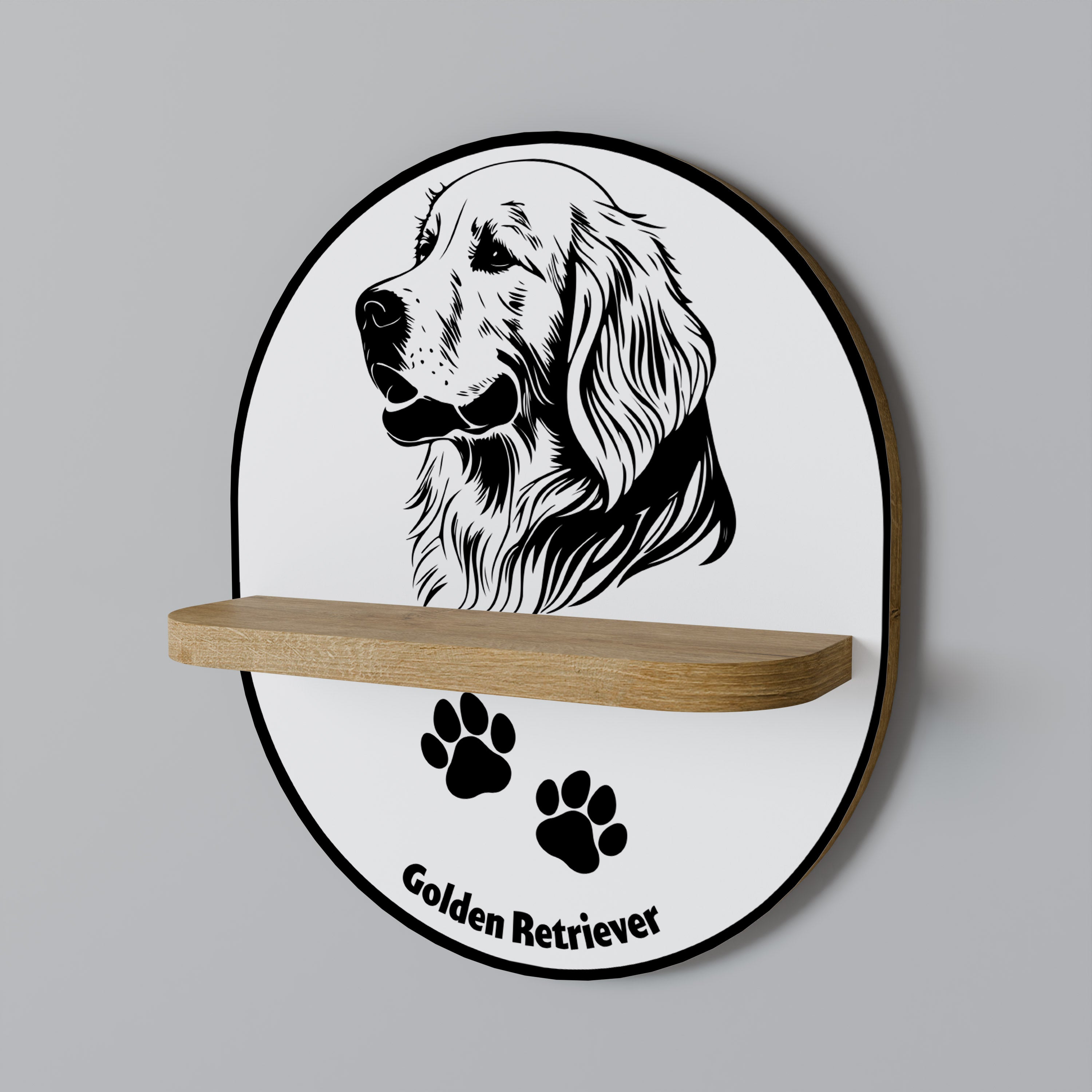 GOLDEN RETRIEVER Ovales Kunstregal in Eichenoptik