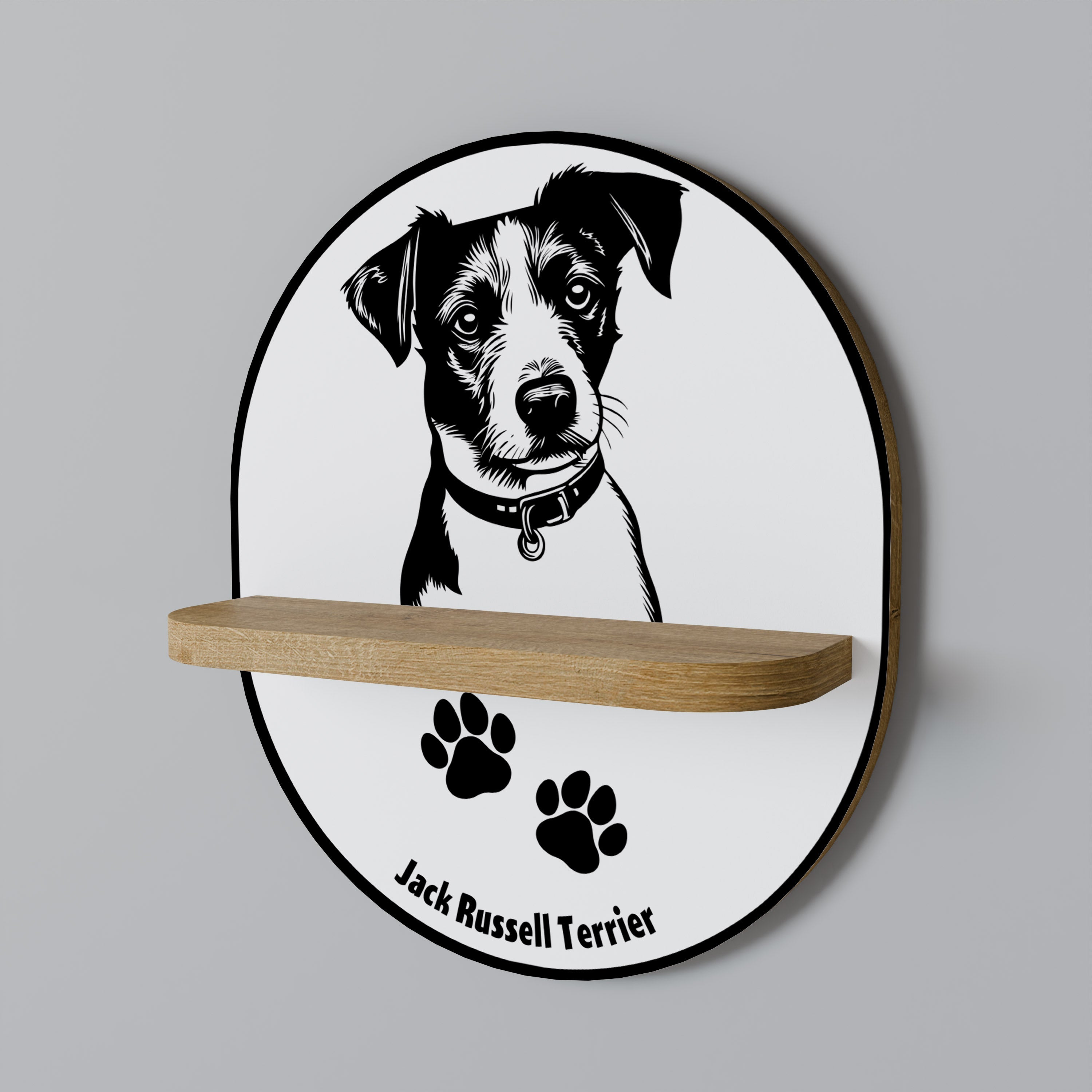 Ovales Kunstregal mit Jack Russel Terrier-Motiv in Eichenoptik