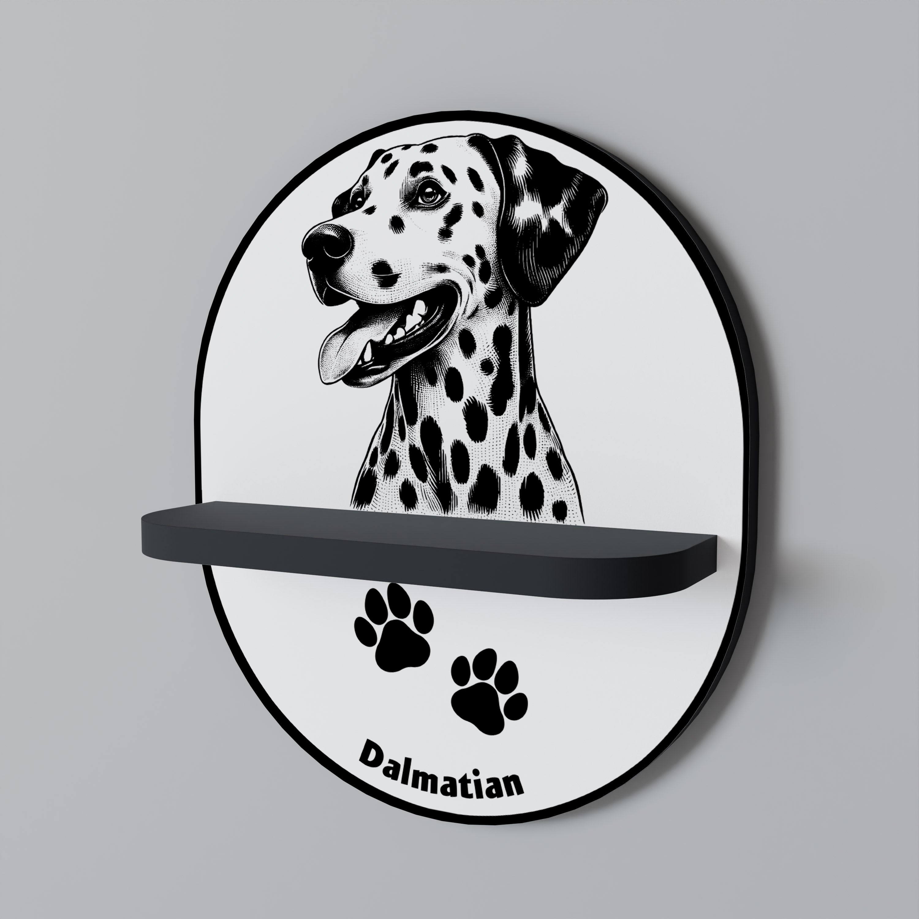 Dalmatiner-Hund, ovales Kunstregal in schwarzem Finish