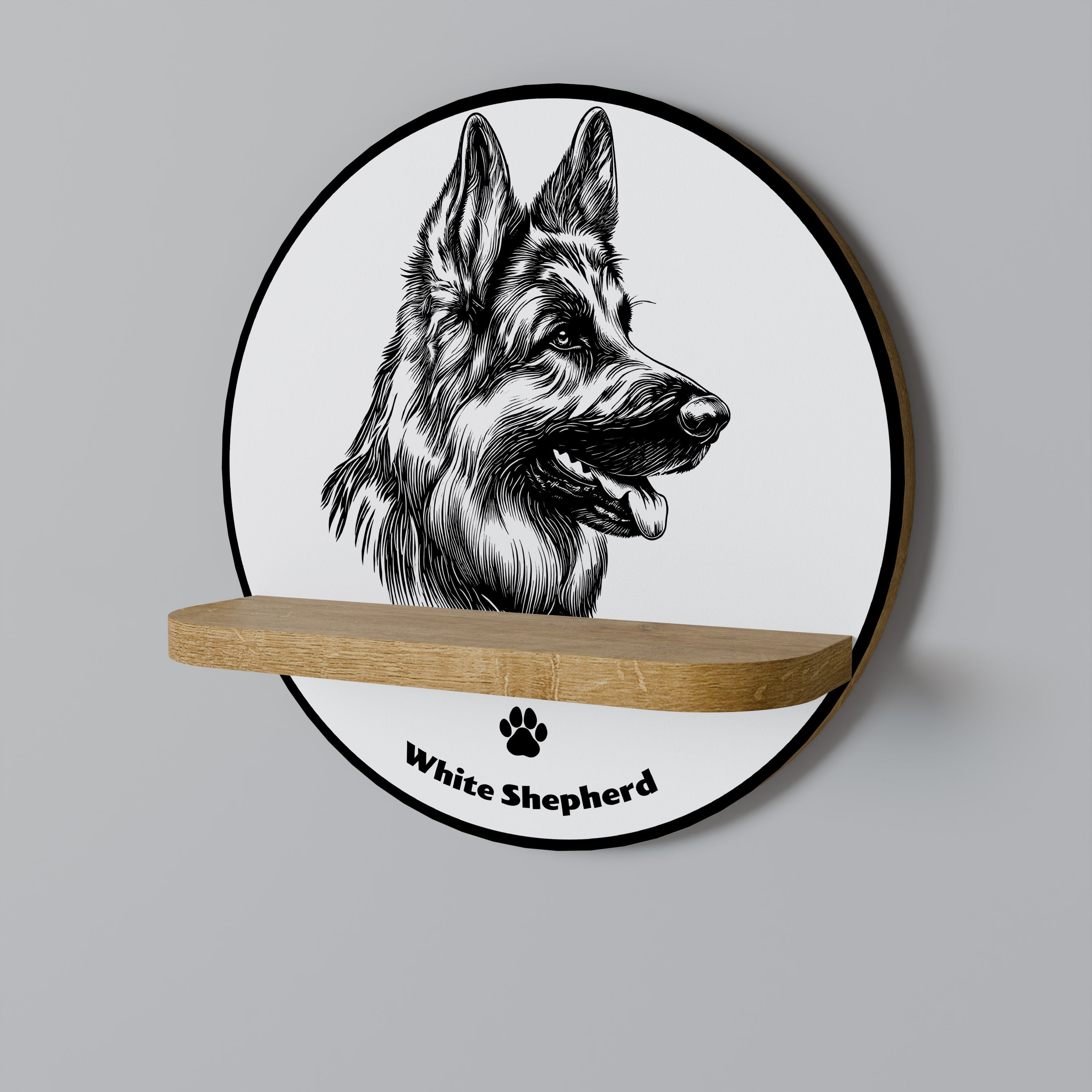 Weißes Schäferhund-Kunstregal, rund, in Eichenoptik