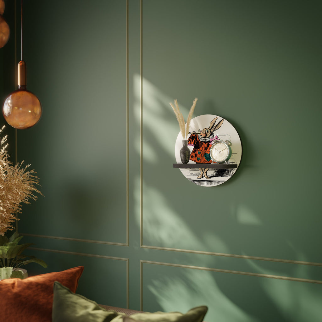 COLORFUL WHITE RABBIT Round Art Shelf In Black Finish